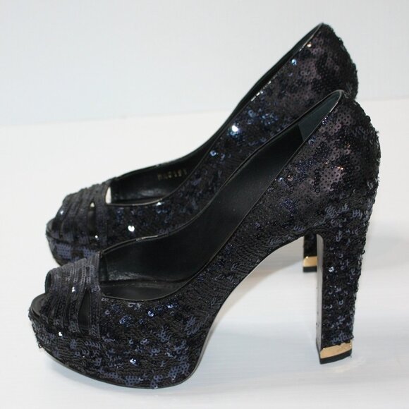 Louis Vuitton Navy Blue Sequin Peep Toe Pumps Shoes in size EU 39.5 / US 9.5 - Picture 5 of 10